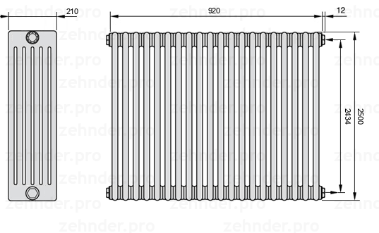 Схема (чертеж) Радиатор Zehnder Charleston 6250/20 №7610 Белый глянцевый RAL 9016